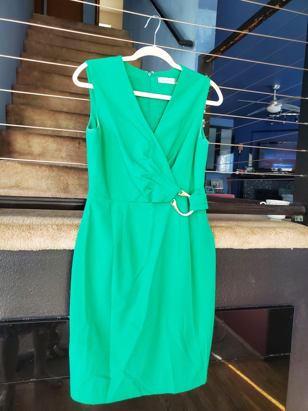 Calvin Klein Emerald Green Sleeveless Faux-Wrap Midi Dress with Gold Buckle